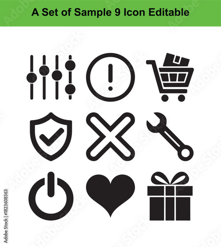 Set of nine black icons on white background including settings shopping cart