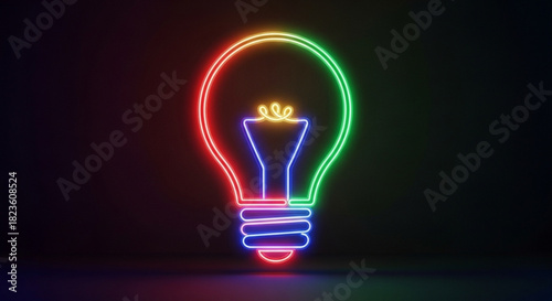 Vibrant neon light bulb glowing with rainbow colors against a dark background, symbolizing innovation, idea, and creativity in modern design