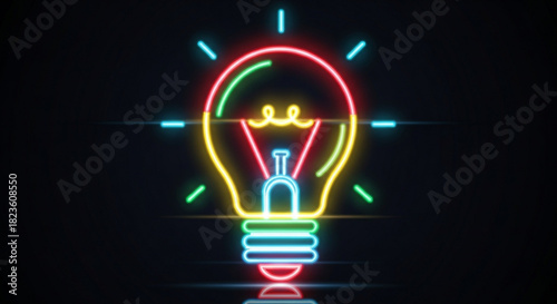 Vibrant neon light bulb glowing brightly in the dark, symbolizing a creative idea, innovation, or sudden inspiration in a modern digital art style