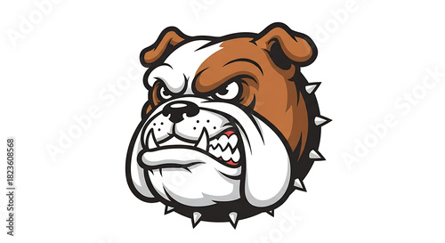 Powerful brown bulldog head illustration, featuring an aggressive expression, bared teeth, and a spiked collar, perfect as a bold mascot or emblem