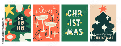Merry Christmas greeting card designs set. Festive backgrounds with Xmas tree, stars, ornaments, wineglasses in modern abstract style. Posters, winter holiday typography. Flat vector illustrations