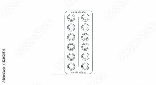 Single continuous line art drawing of empty medicine pill blister pack on white background