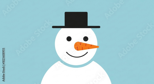 Simple illustration of a cheerful snowman head wearing a black top hat with a carrot nose and a happy smile against a light blue background