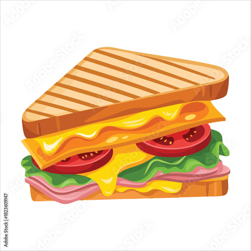 Massive layered sandwich with assorted fresh ingredients isolated vector illustration on white background