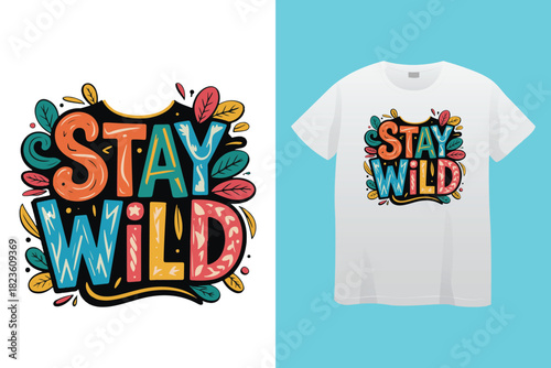 Stylized illustration of a cowgirl riding a horse with desert landscape and text stay wild and free cowgirl