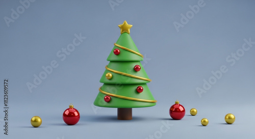 Minimalist 3d rendering of a stylized green christmas tree decorated with red and gold ornaments against a soft blue background for holiday celebration