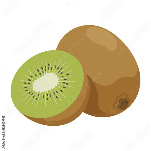 Fresh green kiwi fruit with brown fuzzy skin isolated vector illustration on white background