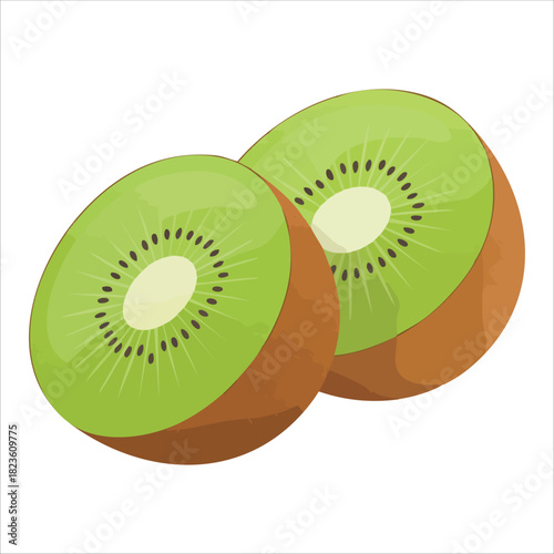 Fresh green kiwi fruit with brown fuzzy skin isolated vector illustration on white background