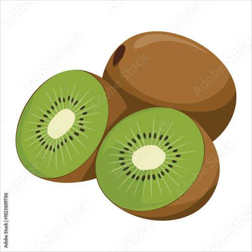 Fresh green kiwi fruit with brown fuzzy skin isolated vector illustration on white background