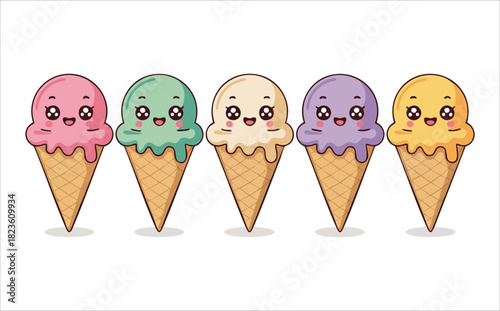 Cute kawaii style ice cream cone characters with faces isolated vector illustration on white background