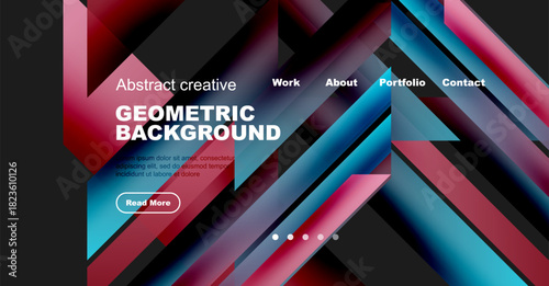 Modern website header design. Geometric shapes, vibrant colors, text overlay, navigation menu present. Clean, dynamic visual style.