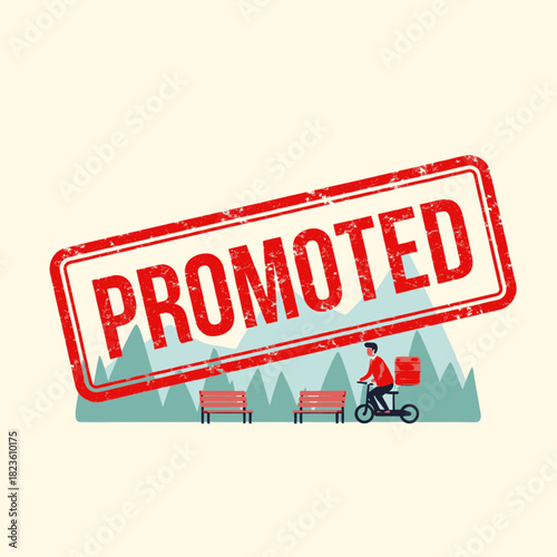 Promoted delivery service with cyclist and benches in front of mountains.