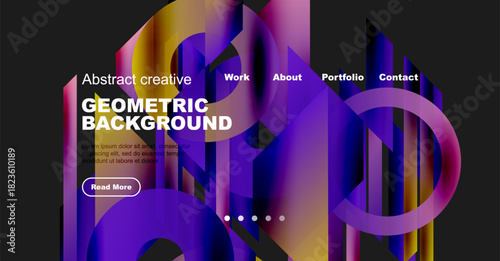 Vibrant abstract design features geometric shapes, gradients. Website header includes navigation options, text, button. Dark background enhances visual impact.