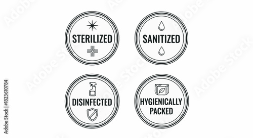 Safety and Hygiene Icons Set: Sterilized, Sanitized, Disinfected, and Hygienically Packed Badges.