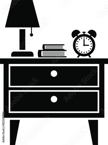 Silhouette Of Nightstand Table Lamp Books And Clock Vector Illustration Isolated On Transparent Background For Interior Design