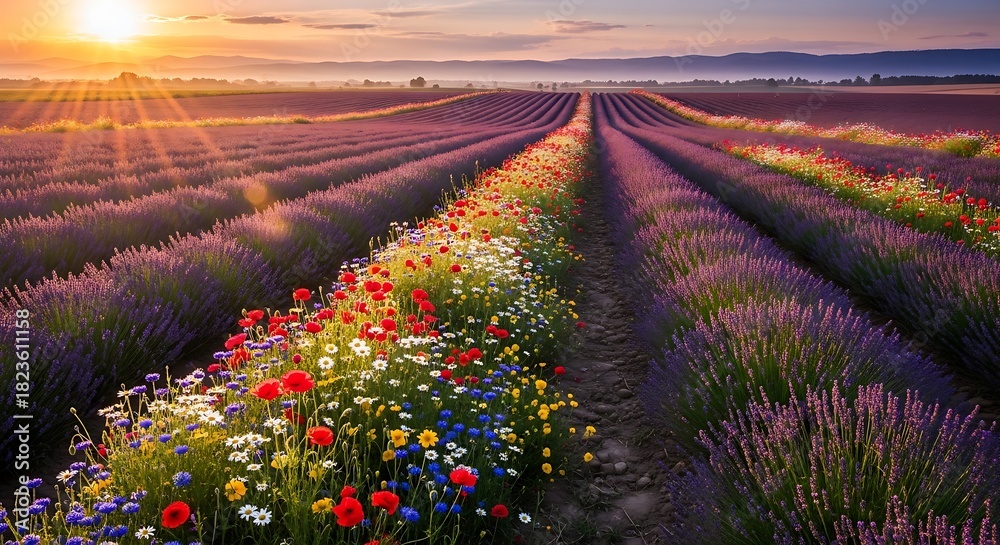 Naklejka premium Vibrant sunset over endless rows of blooming lavender field interspersed with colorful wildflowers in provence, france