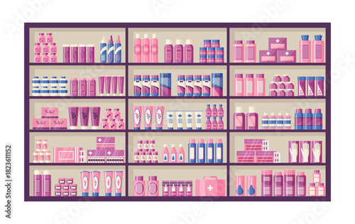 Medicines and medications on drugstore shelves. Pharmacy shelf with medical products. Pharmaceutical counter with pills, bottles packets liquids syrup capsules. Hospital store. Vector illustration