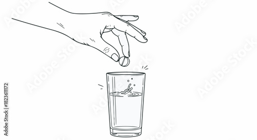 Black and white line drawing of hand dropping medicine tablet into a glass of water