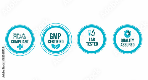 FDA Compliant GMP Certified Lab Tested Quality Assured Badge Icons Set on white background