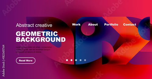 Vibrant abstract design. Geometric shapes blend with purple, pink hues. Website header includes navigation options, text content.