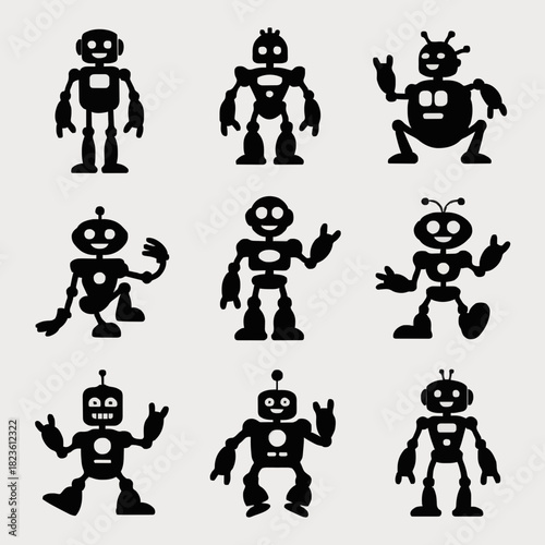 Happy Robot Poses Icon Pack: Smiling, Waving, and Cheerful AI Silhouettes