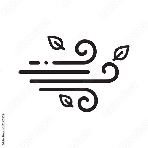 Windy weather icon with blowing leaves. Minimalist linear symbol of a breeze or gust. Simple vector line art illustration of autumn wind, isolated on a white background.
