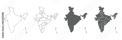 INDIA map line and black silhouette isolated on white. blank country border. Indian map with regional states vector illustration background. Black, coffee white. Perfect for wallpapers, backdrop. EPS