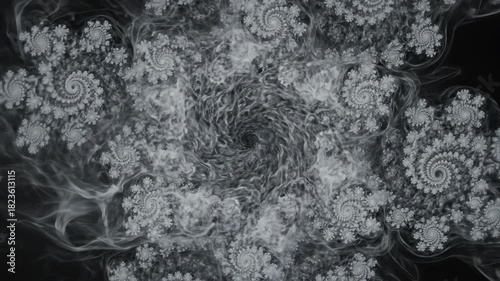 Seamless loop of pure white gaseous smoke swirling rapidly and forming hypnotic fractal abstract patterns in continuous motion design element, screen, light