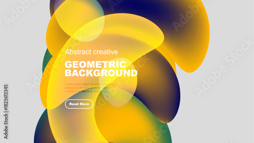 Abstract geometric background features vibrant overlapping shapes. Yellow, orange, blue hues create dynamic visual effect. Text present.