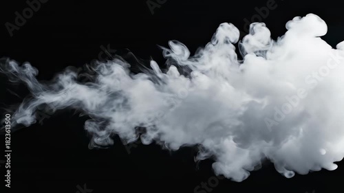 Seamlessly looping abstract motion graphic of thick volumetric white smoke rolling slowly across a black background generating a dynamic textured mist wavy, volumetric, commercial
