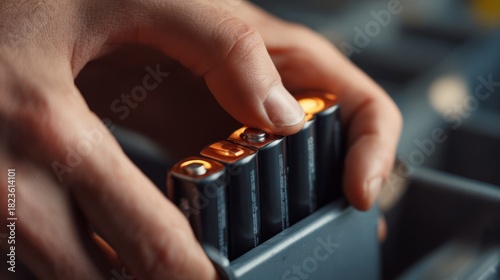 A close-up of a hand inserting batteries into a charger, emphasizing focus and precision.
