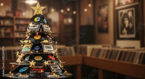 Nostalgic Christmas tree crafted from vintage vinyl records and cassette tapes, adorned with warm lights and a golden star in a retro music shop.