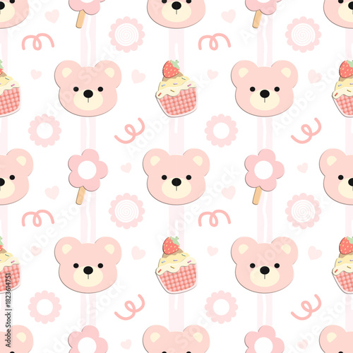 seamless pattern with bear and cupcake 