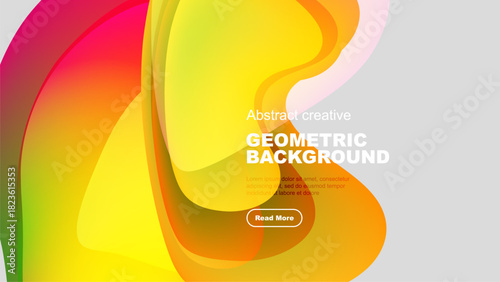 Vibrant fluid shapes overlap black background. Gradient colors create dynamic visual effect. Text invites further exploration.