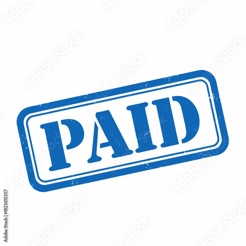 Blue rectangular rubber stamp with the word PAID on a white background, indicating a completed transaction or payment.