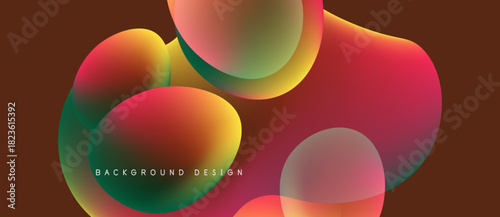 Abstract colorful shapes overlap, creating vibrant visual effect. Gradient hues blend smoothly, forming modern design element.