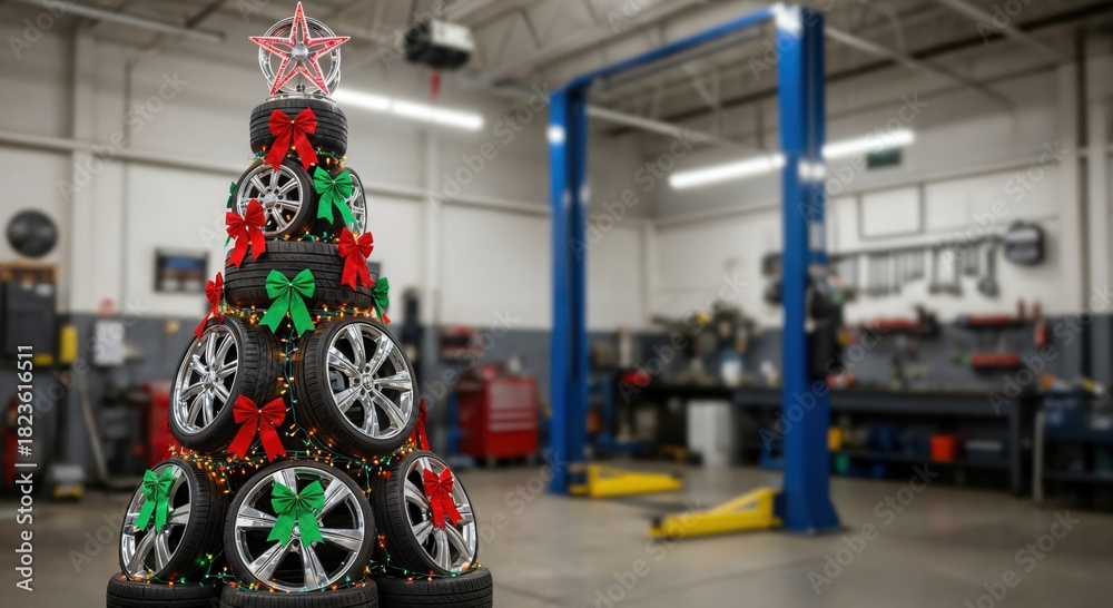 Obraz premium Automotive Christmas Tree Made of Tires and Rims Decorated with Festive Bows and Lights in a Car Repair Shop