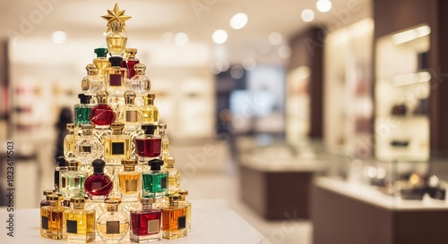 Elegant Christmas Tree Display Made of Luxury Perfume Bottles in a Festive Retail Store Setting