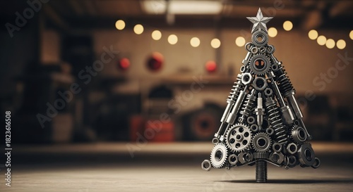 Unique Industrial Christmas Tree Crafted from Metal Automotive Parts like Gears, Springs, and Spark Plugs in a Workshop Setting with Bokeh Lights