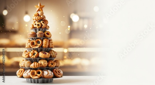 Festive Christmas tree made from delicious baked goods and pastries in a warm bakery setting, perfect for holiday celebrations