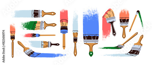 Paintbrush strokes set. Painting, drawing and coloring with paint brush, bristle tool. Marking smear textures, decorating, coating with colour. Flat vector illustrations isolated on white background