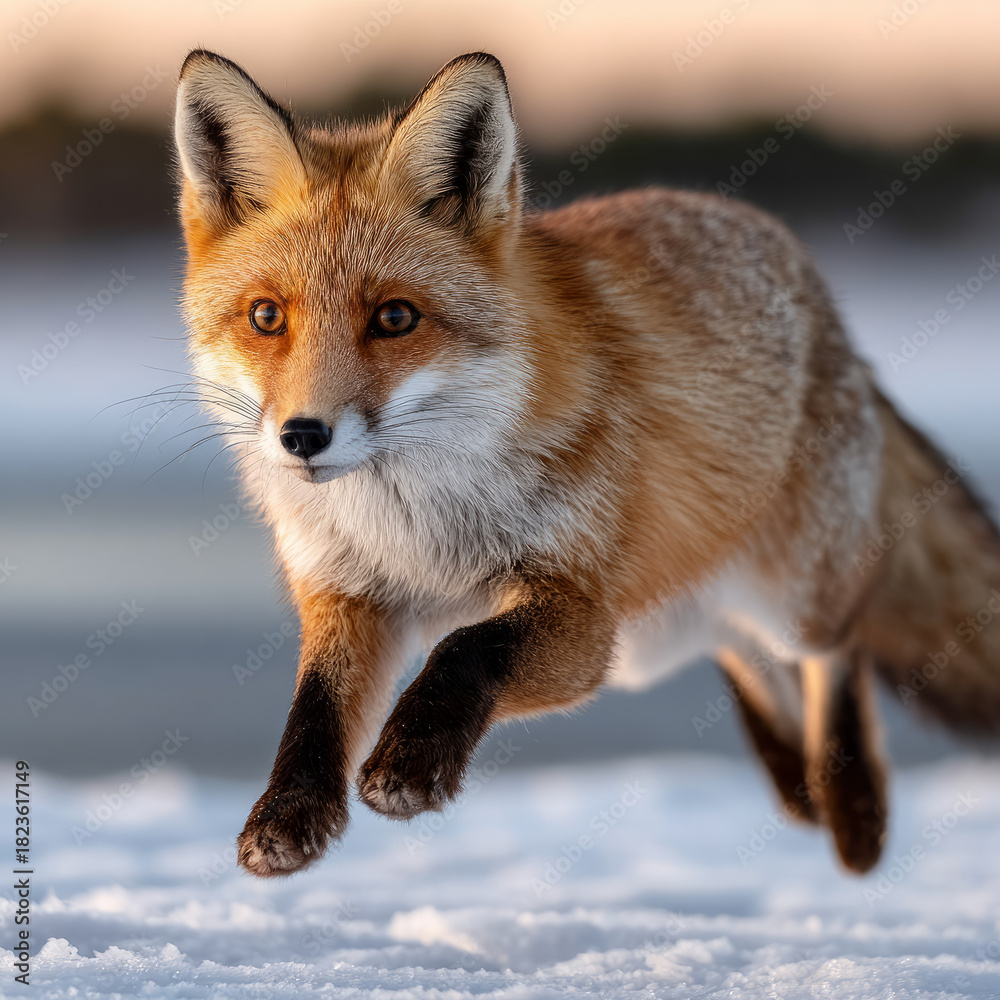 Naklejka premium A red fox walking through snow in a winter landscape.