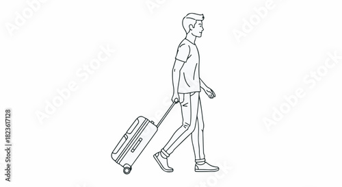 Simple line drawing of a traveler man walking with rolling suitcase isolated on white.