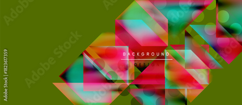 Abstract geometric shapes overlap, creating vibrant colorful design. Olive background complements bright pinks, blues, greens. Modern aesthetic.