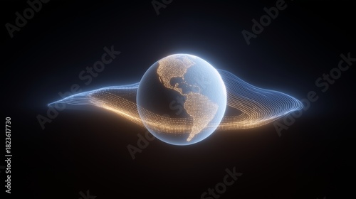 Abstract 3D visualization of the globe surrounded by fluid gold and blue light rings representing sound waves, history, and global broadcasting.