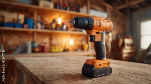 A close-up of an orange cordless drill on a wooden workbench, surrounded by a cozy workshop atmosphere.