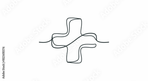 Continuous line drawing of a tangled plus sign or abstract cross symbol on white background