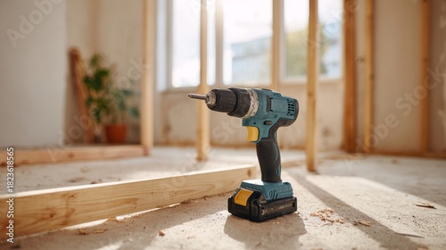 A close-up of a cordless drill in a partially constructed room, showcasing its modern design and functionality in a home improvement setting.
