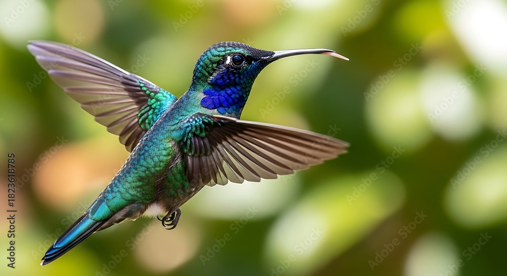 Obraz premium Vibrant iridescent hummingbird with bright blue and green plumage hovering in midair against a soft green bokeh background