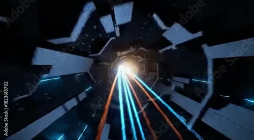 A futuristic digital tunnel featuring a dynamic interplay of light and shadow, creating a sense of forward motion and technological advancement.